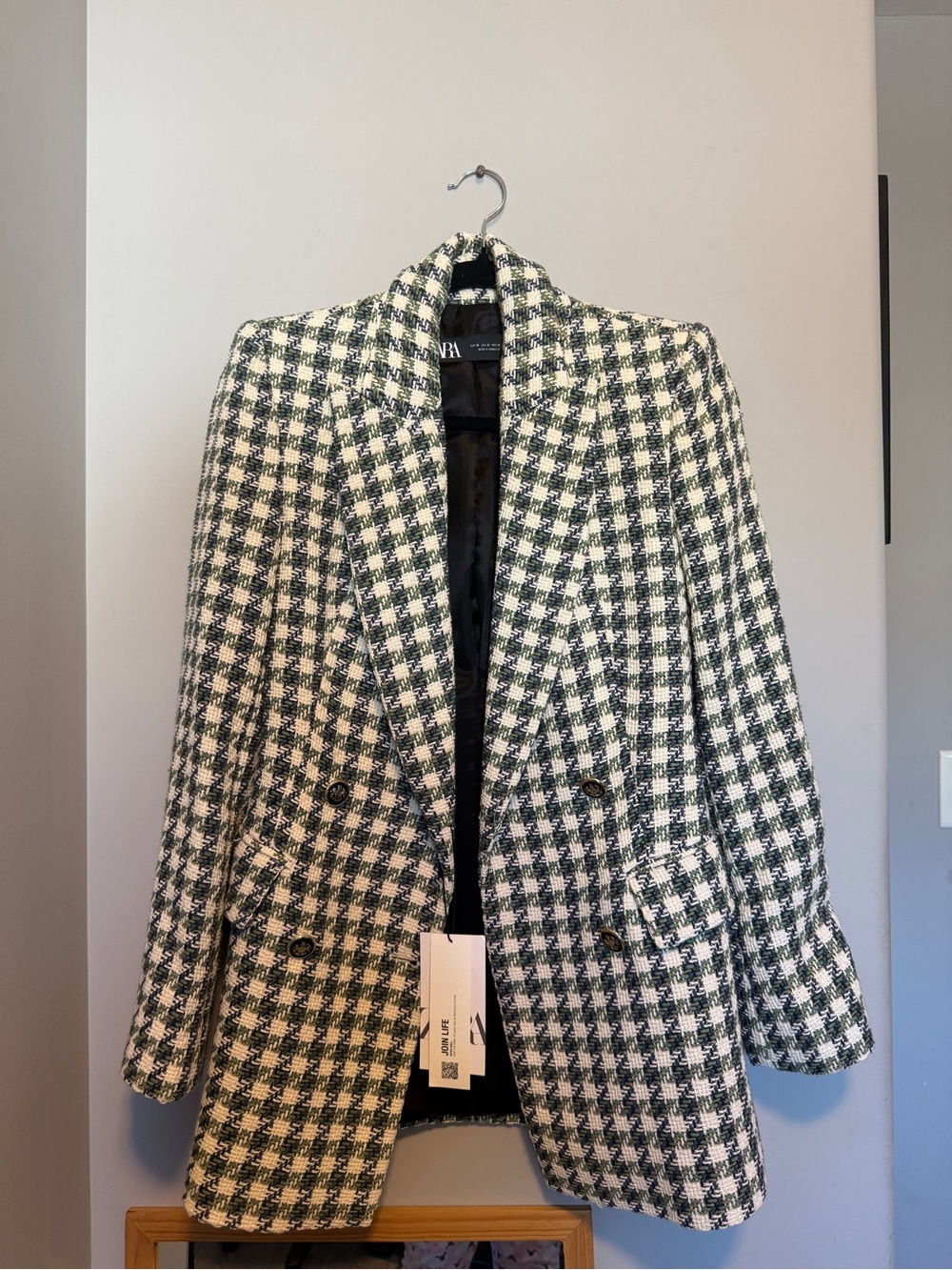 Zara Green and White Houndstooth Double-Breasted Blazer